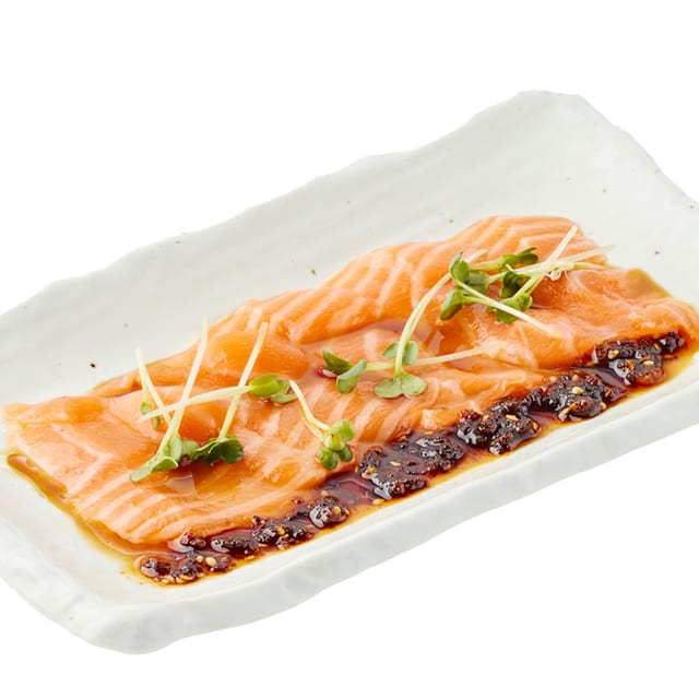 Otoro Salmon Sashimi with Garlic Chili Oil.