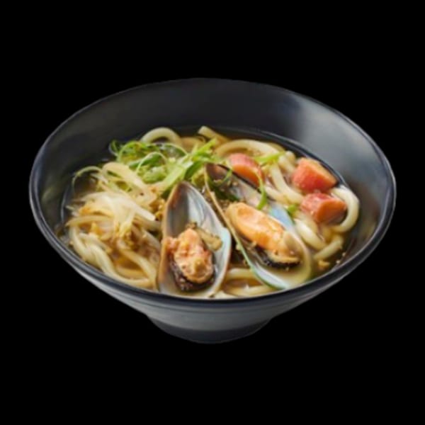 A black bowl of Totoyama Sushi & Ramen's seafood udon with mussels, noodles, and vegetables.